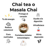 Infografía de Amman Tea Blends sobre los beneficios del Chai tea o Masala Chai. Destaca que da energía, protege el corazón, reduce el colesterol, ayuda a la digestión y fortalece el sistema inmunológico, con una foto central de una taza de chai con canela.
