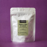 Envase Doypack plateado de Platero o Cola de Caballo Amman Tea Blends, diurético y desintoxicante, sobre fondo morado.