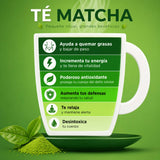 Infografía de los beneficios del té Matcha como quemar grasa, aumentar energía, antioxidante y mejorar defensas.
