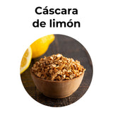 Cáscara de limón seca natural en trozos dentro de bowl de madera, ideal para infusiones, blends, coctelería y repostería.