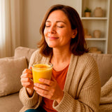 Mujer disfrutando golden milk o leche dorada con cúrcuma, bebida natural antioxidante y antiinflamatoria.