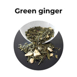 Té verde con jengibre en trozos, infusión revitalizante de sabor fresco y ligeramente picante.