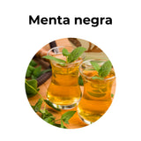 Infusión de menta negra con hojas frescas, hierba aromática utilizada tradicionalmente para digestión y bebidas naturales.