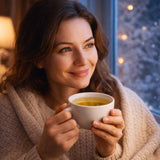 Mujer sonriente sosteniendo una taza de té caliente junto a la ventana en ambiente acogedor de invierno.