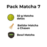 Pack de Matcha detox 50g con batidor de bambú chasen y bowl para preparación tradicional de té Matcha.
