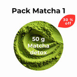 Pack de matcha detox de 50 gramos en polvo verde, presentado en formato minimalista sobre fondo claro. Se encuentra con un 30 % de descuento.