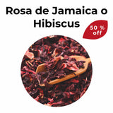 Rosa de Jamaica o hibiscus seco para infusión, flor rica en antioxidantes con sabor frutal utilizada para bebidas digestivas y refrescantes. Se encuentra con un 50 % de descuento.